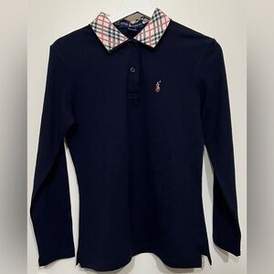 Vtg Rare Ralph Lauren Women Long Sleeve Polo Shirt Navy Plaid Collar Made In USA